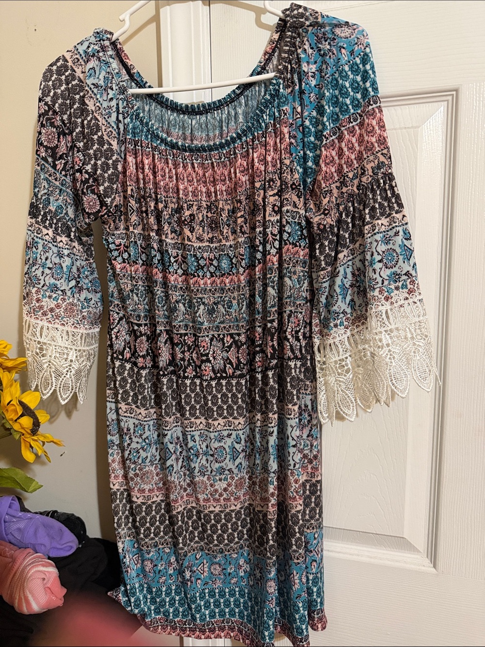 west loop Boho Floral Tunic Dress in Teal, Pink, Black, White